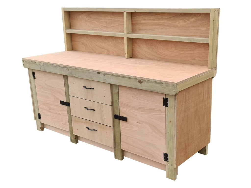 Eucalyptus top workbench with drawers and double lockable cupboard (V.8) with back panel - SGP Garden Ltd