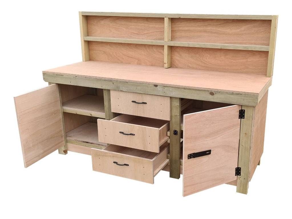 Eucalyptus top workbench with drawers and double lockable cupboard (V.8) with back panel & double shelf - SGP Garden Ltd