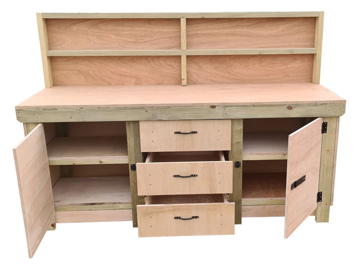 Eucalyptus top workbench with drawers and double lockable cupboard (V.8) with back panel & double shelf - SGP Garden Ltd
