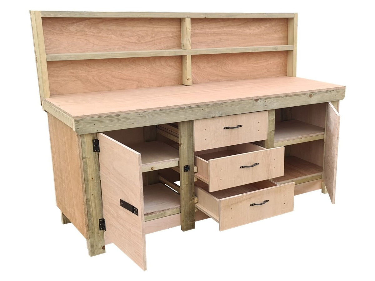 Eucalyptus top workbench with drawers and double lockable cupboard (V.8) with back panel & double shelf - SGP Garden Ltd