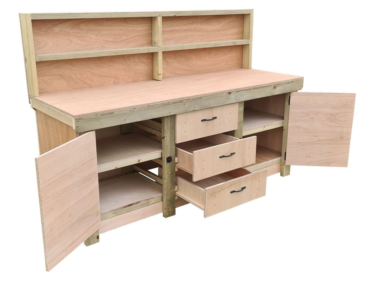 Eucalyptus top workbench with drawers and double lockable cupboard (V.8) with back panel & double shelf - SGP Garden Ltd