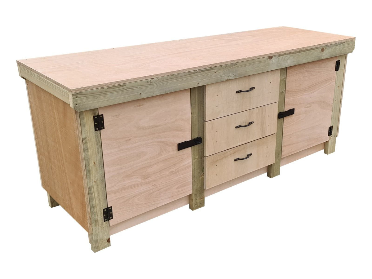 Eucalyptus top workbench with drawers and double lockable cupboard (V.8) with double shelf - SGP Garden Ltd