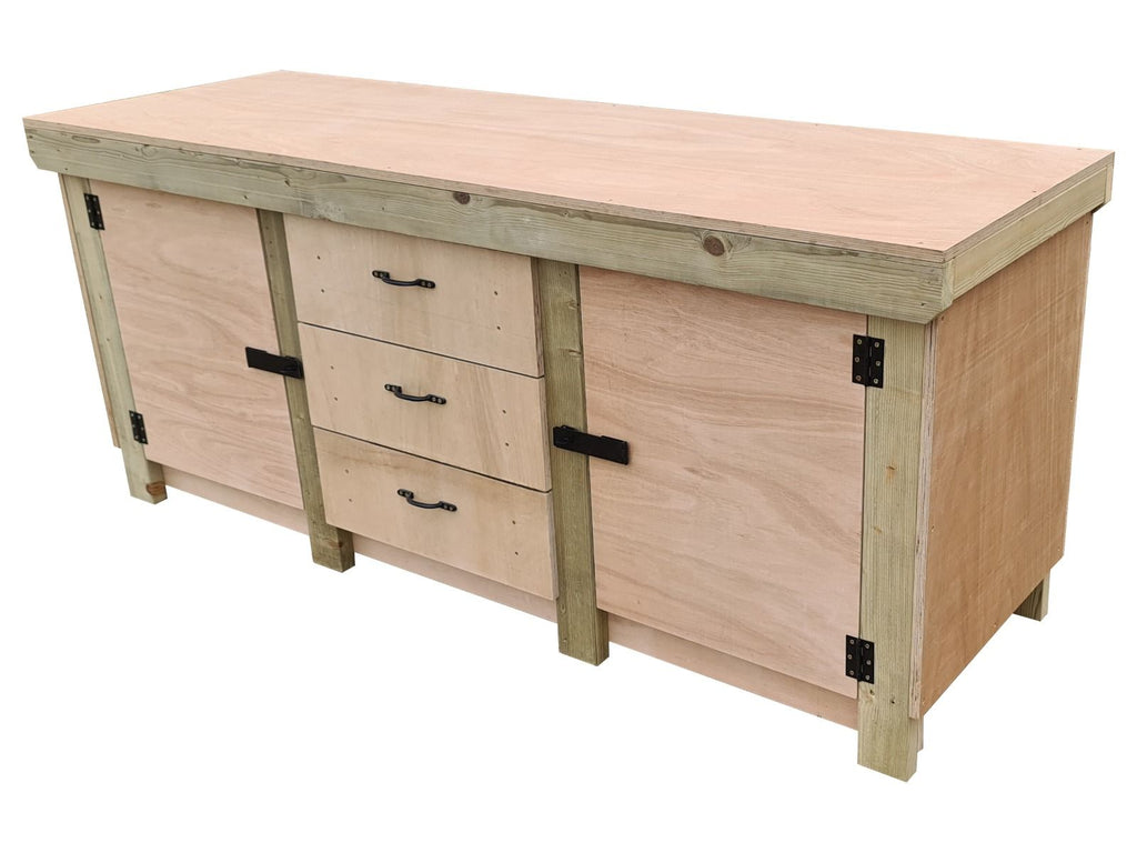 Eucalyptus top workbench with drawers and double lockable cupboard (V.8) with double shelf - SGP Garden Ltd