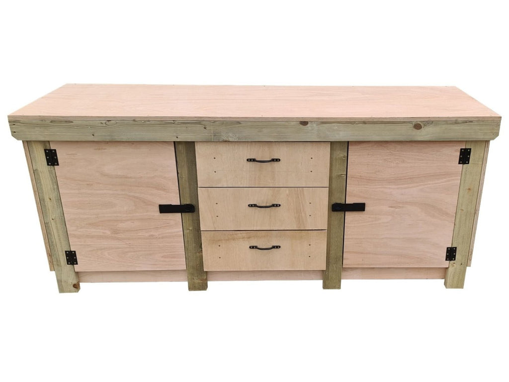 Eucalyptus top workbench with drawers and double lockable cupboard (V.8) with double shelf - SGP Garden Ltd