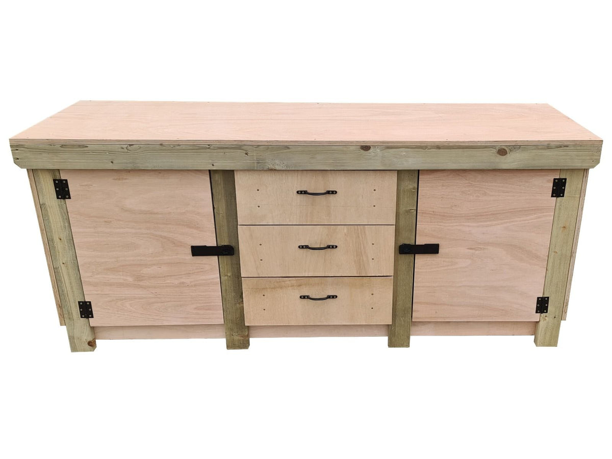 Eucalyptus top workbench with drawers and double lockable cupboard (V.8) with double shelf - SGP Garden Ltd