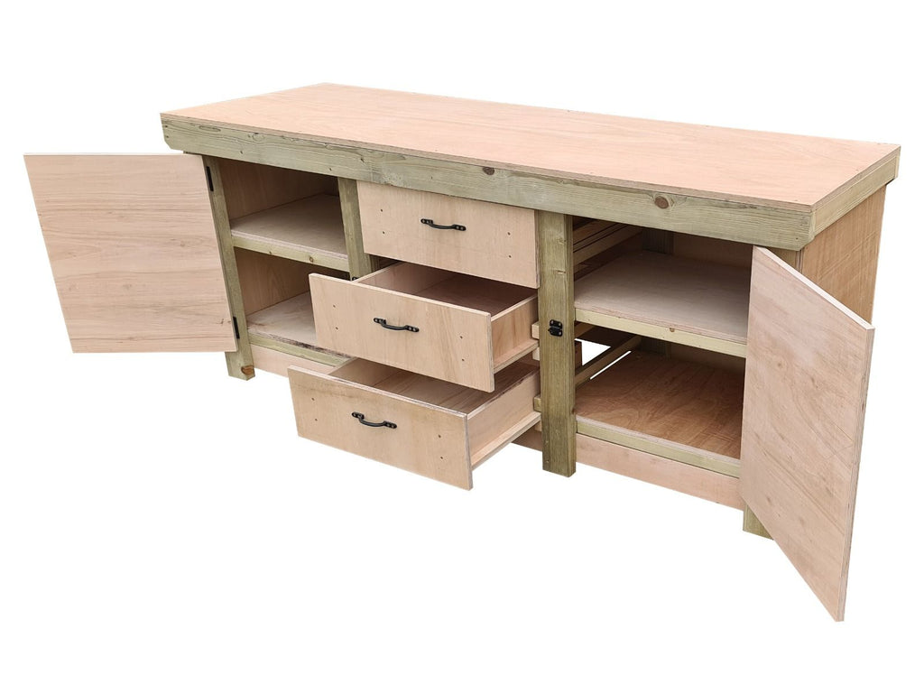 Eucalyptus top workbench with drawers and double lockable cupboard (V.8) with double shelf - SGP Garden Ltd