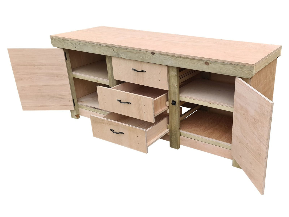 Eucalyptus top workbench with drawers and double lockable cupboard (V.8) with double shelf - SGP Garden Ltd