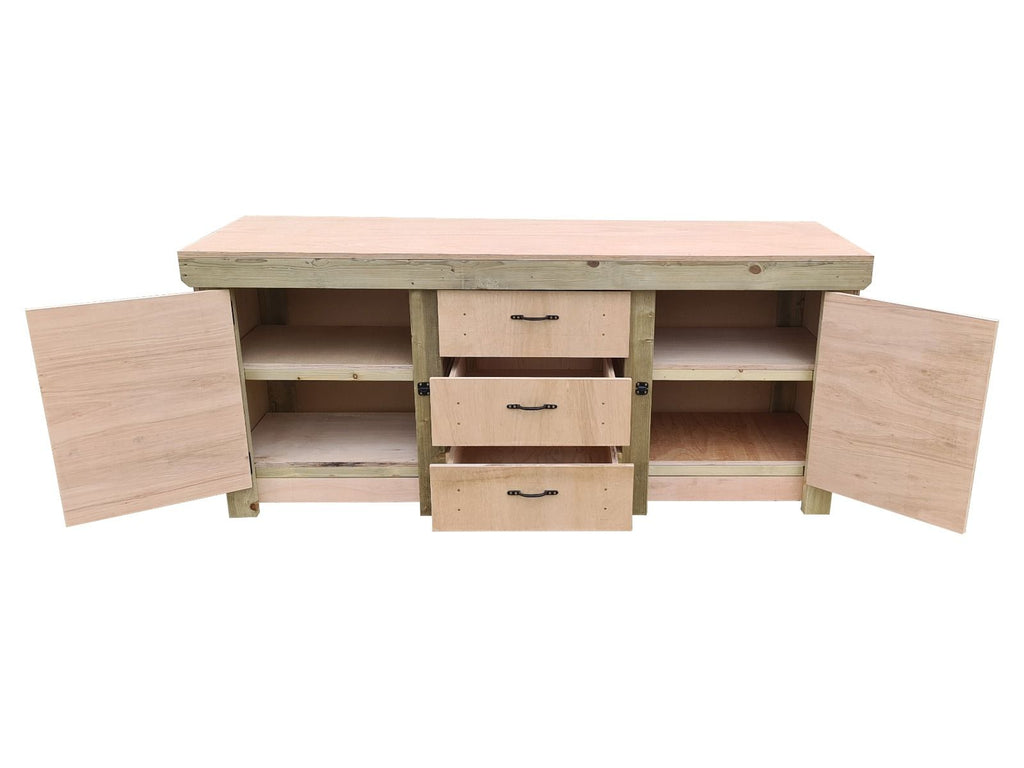 Eucalyptus top workbench with drawers and double lockable cupboard (V.8) with double shelf - SGP Garden Ltd