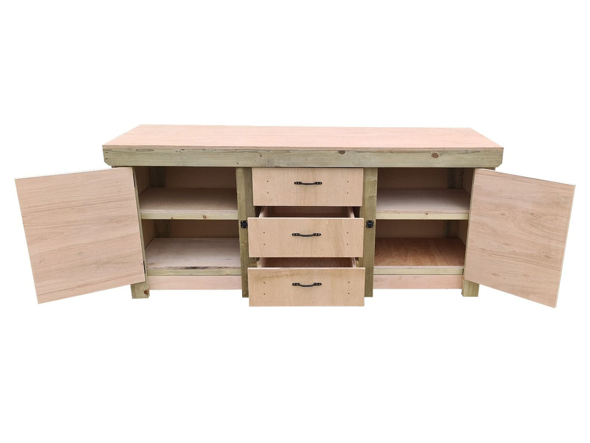 Eucalyptus top workbench with drawers and double lockable cupboard (V.8) with double shelf - SGP Garden Ltd
