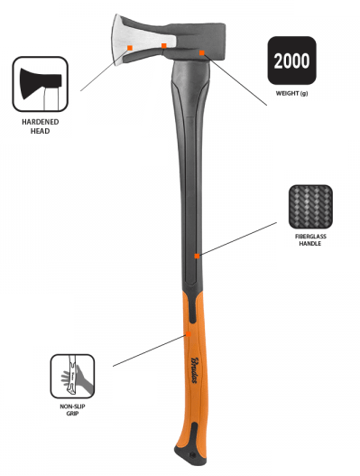 Fiberglass Splitting Axe 2000g DIY Tool Accessory Home and Garden Use - SGP Garden Ltd