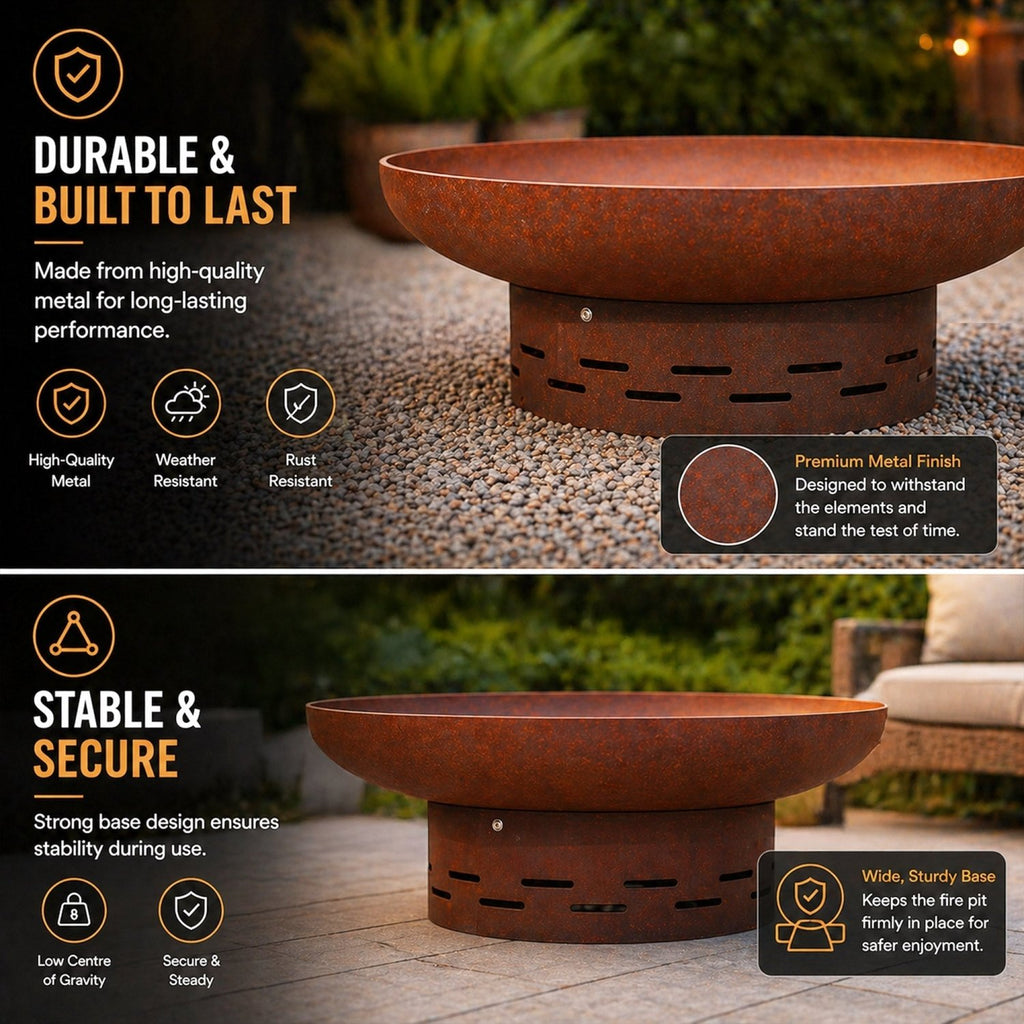 Heavy-Duty Pre-Rusted Metal Corten Steel Round Firepit - SGP Garden Ltd