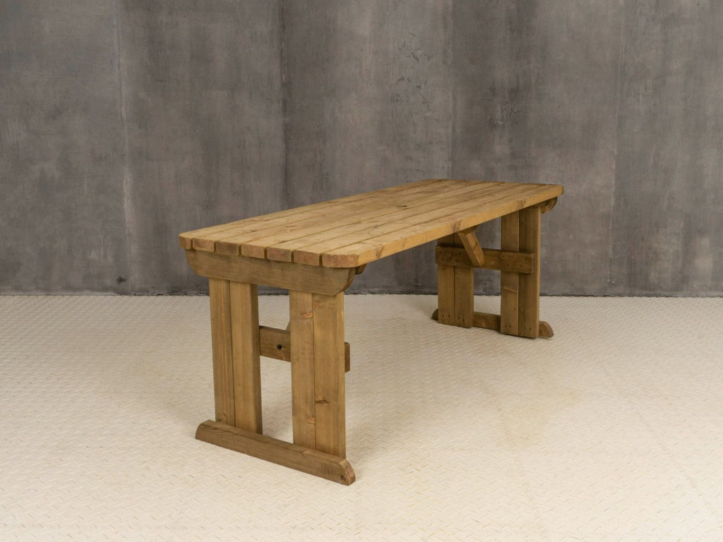 Hollies Rounded Wooden Garden Table, Outdoor Picnic Dining Desk - Rustic Finish - SGP Garden Ltd