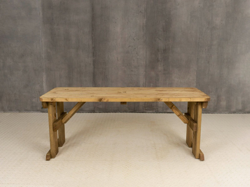 Hollies Rounded Wooden Garden Table, Outdoor Picnic Dining Desk - Rustic Finish - SGP Garden Ltd