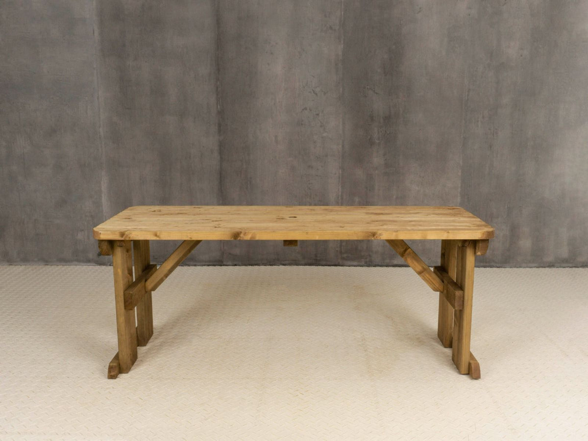 Hollies Rounded Wooden Garden Table, Outdoor Picnic Dining Desk - Rustic Finish - SGP Garden Ltd