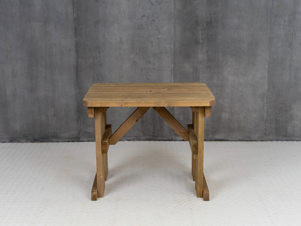 Hollies Rounded Wooden Garden Table, Outdoor Picnic Dining Desk - Rustic Finish - SGP Garden Ltd