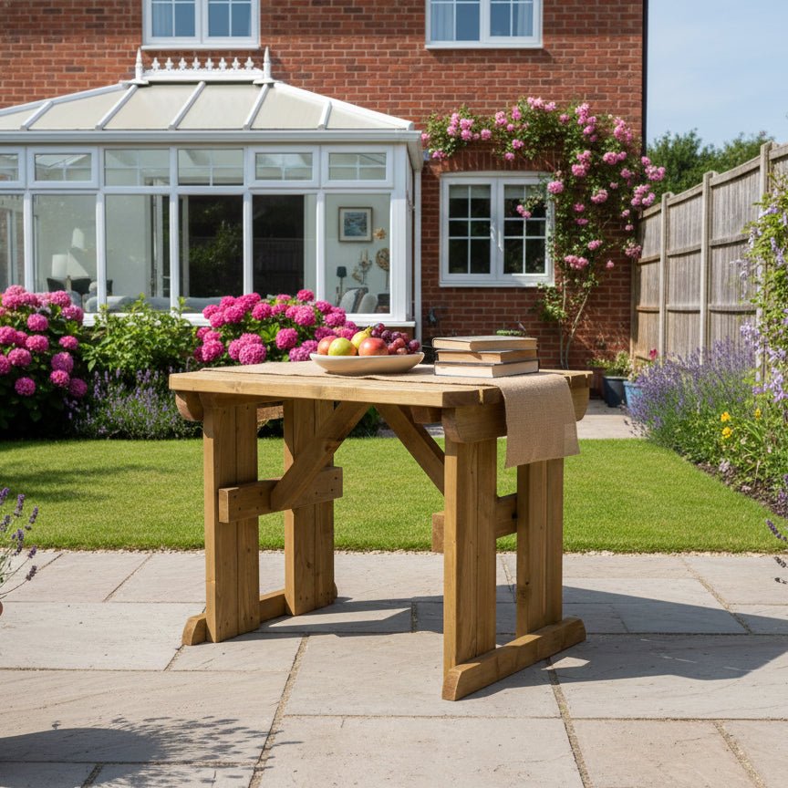 Hollies Rounded Wooden Garden Table, Outdoor Picnic Dining Desk - Rustic Finish - SGP Garden Ltd