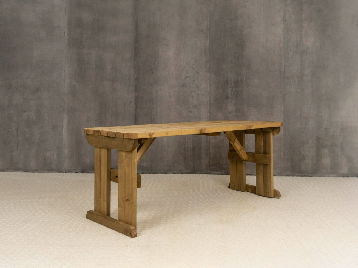 Hollies Rounded Wooden Garden Table, Outdoor Picnic Dining Desk - Rustic Finish - SGP Garden Ltd