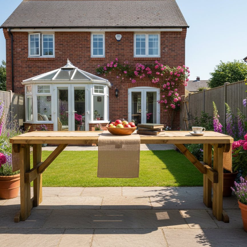 Hollies Rounded Wooden Garden Table, Outdoor Picnic Dining Desk - Rustic Finish - SGP Garden Ltd