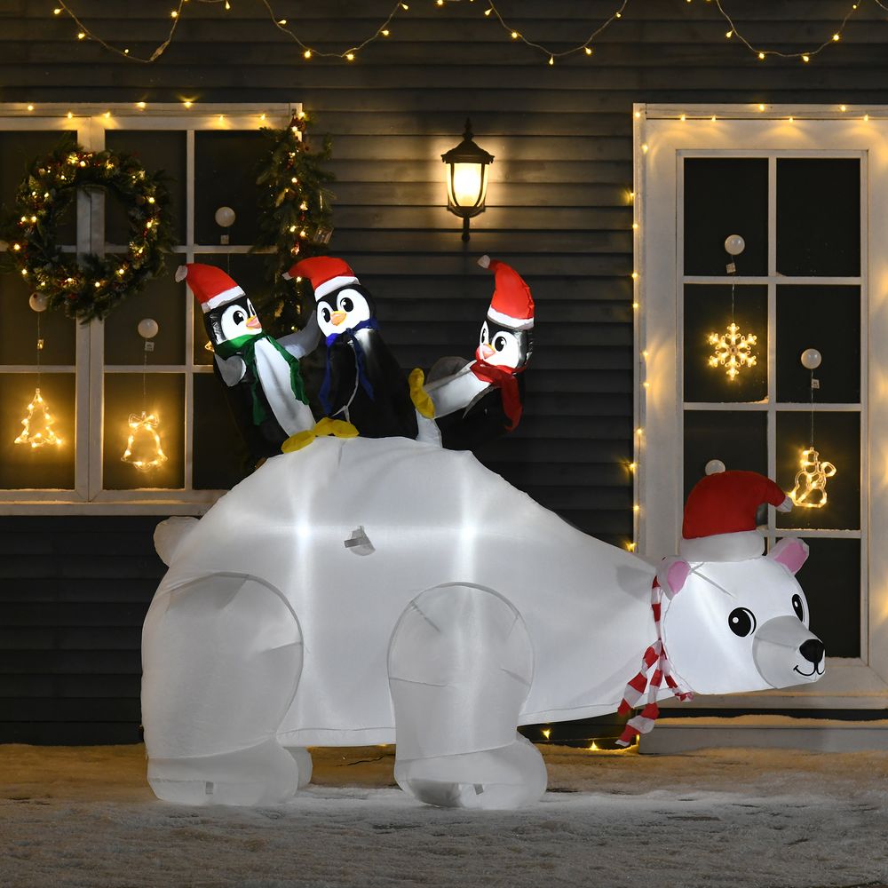 5ft Outdoor Christmas Inflatable with LED Light, Lighted Blow-up Polar Bear with Three Penguins, Giant Yard Party Decoration