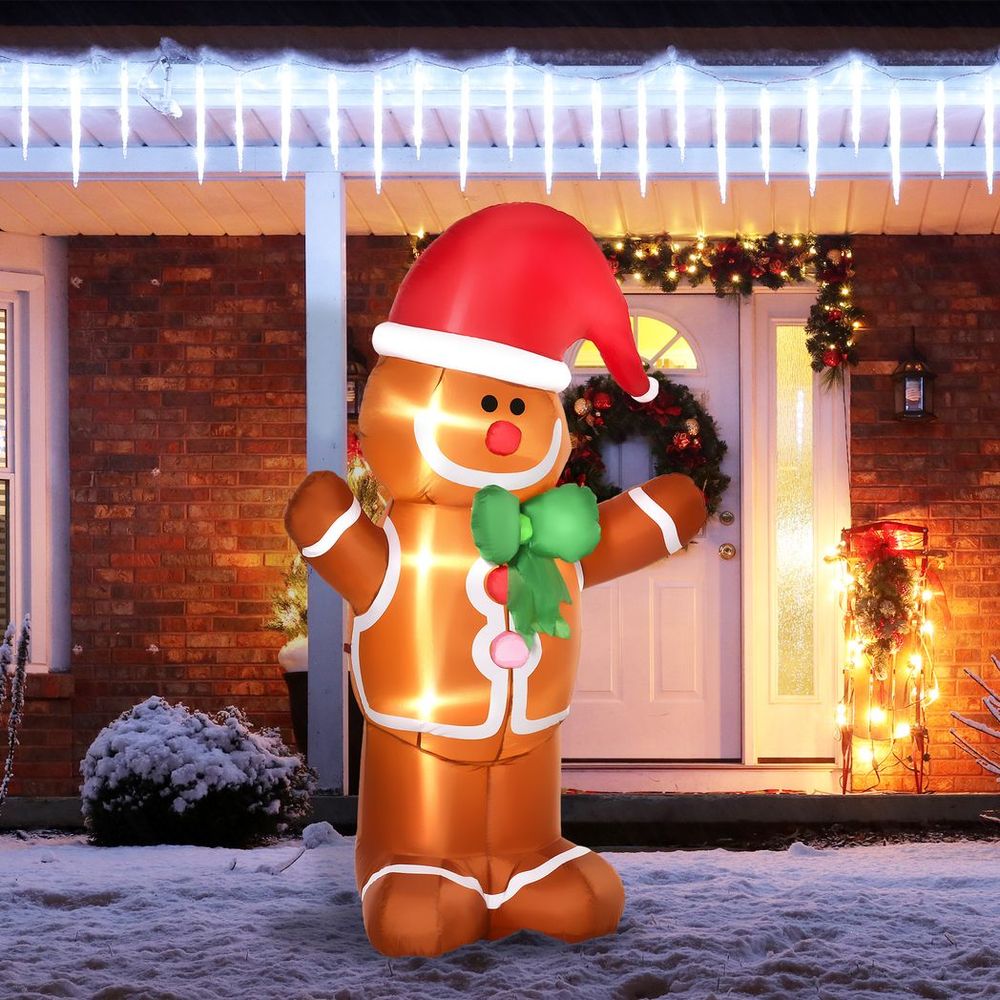 HOMCOM 6ft Christmas Inflatable Gingerbread Man & Santa Hat w/ LED Lights - SGP Garden Ltd