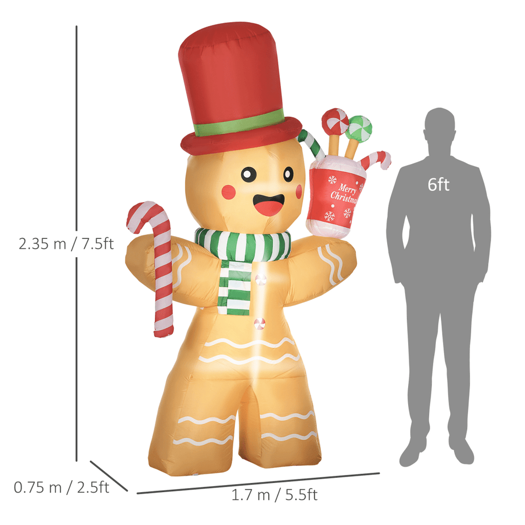HOMCOM 7.5FT Christmas Inflatables Gingerbread Man with Candy Cane LED Lights - SGP Garden Ltd