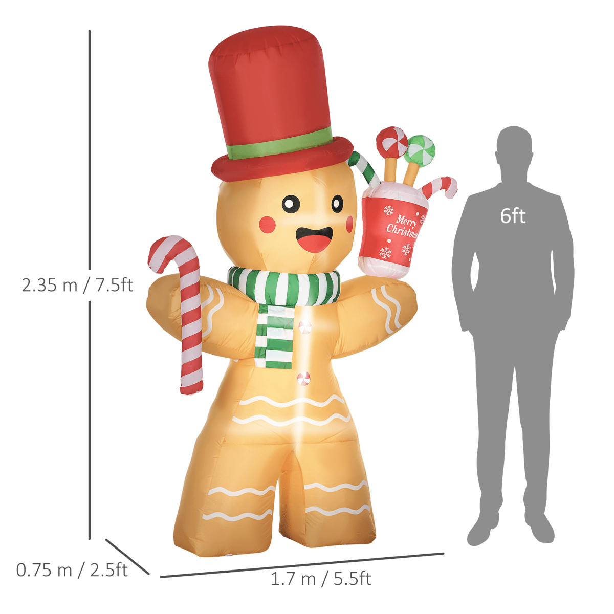 HOMCOM 7.5FT Christmas Inflatables Gingerbread Man with Candy Cane LED Lights - SGP Garden Ltd