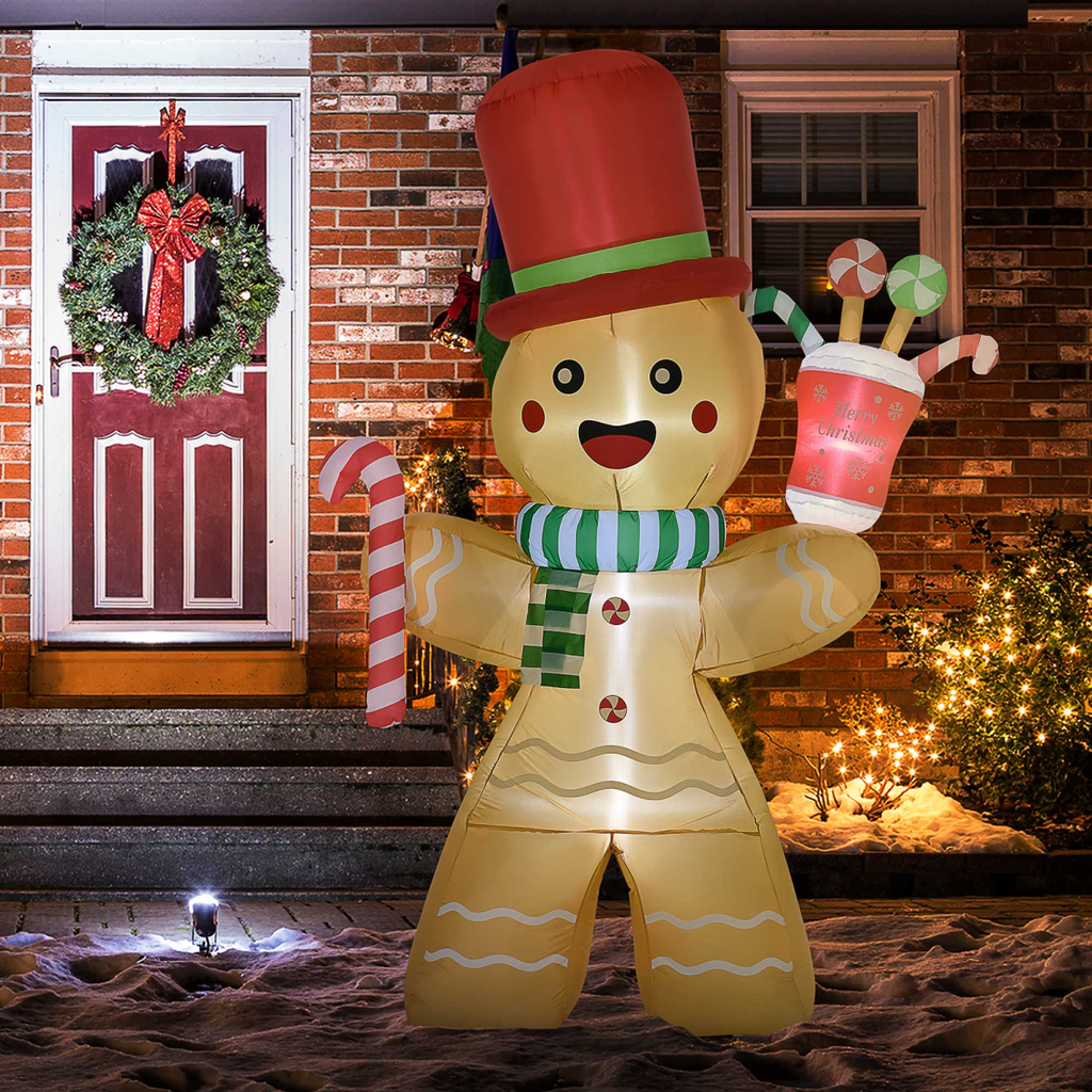 HOMCOM 7.5FT Christmas Inflatables Gingerbread Man with Candy Cane LED Lights - SGP Garden Ltd
