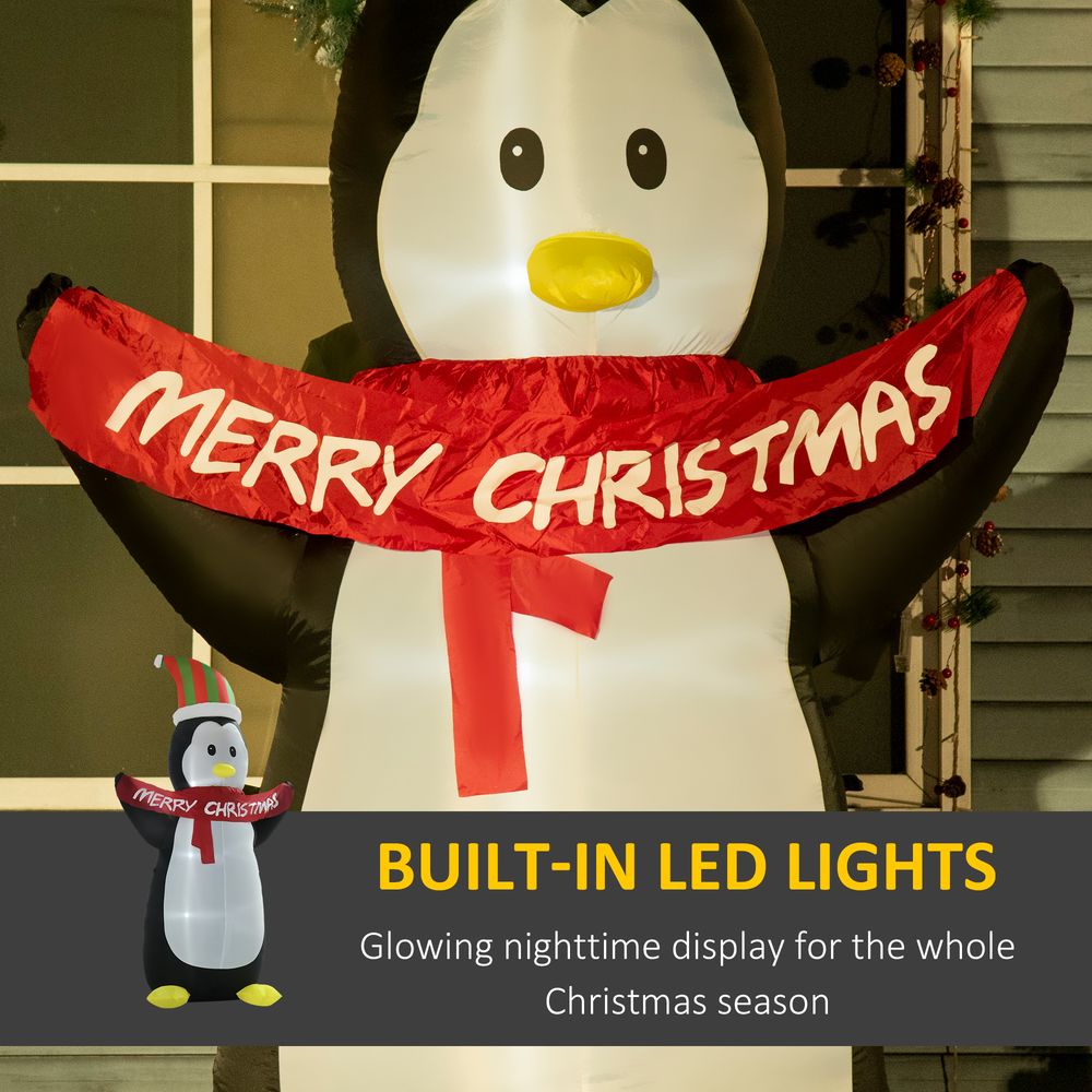HOMCOM 8ft Inflatable Penguin & Christmas Banner Decoration w/Inner LED Lights Indoor Outdoor Weather-Resistant Shell Fun Cute - SGP Garden Ltd