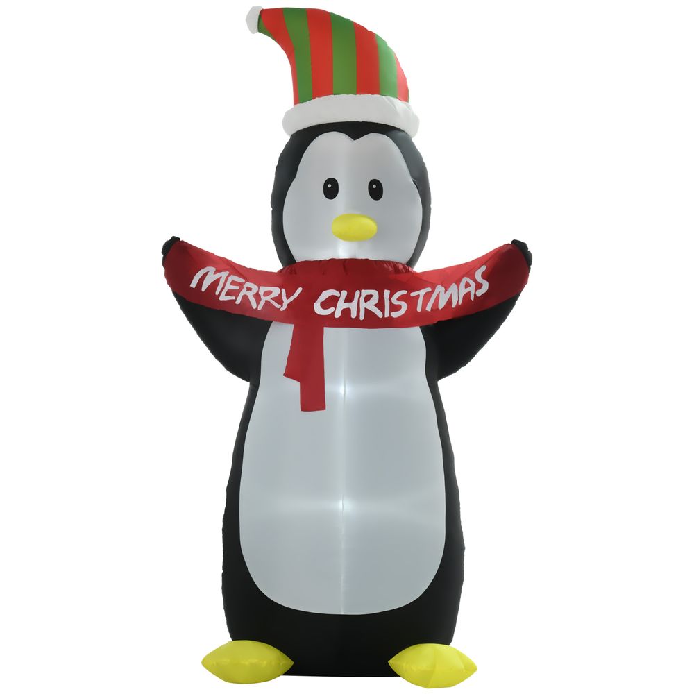 HOMCOM 8ft Inflatable Penguin & Christmas Banner Decoration w/Inner LED Lights Indoor Outdoor Weather-Resistant Shell Fun Cute - SGP Garden Ltd