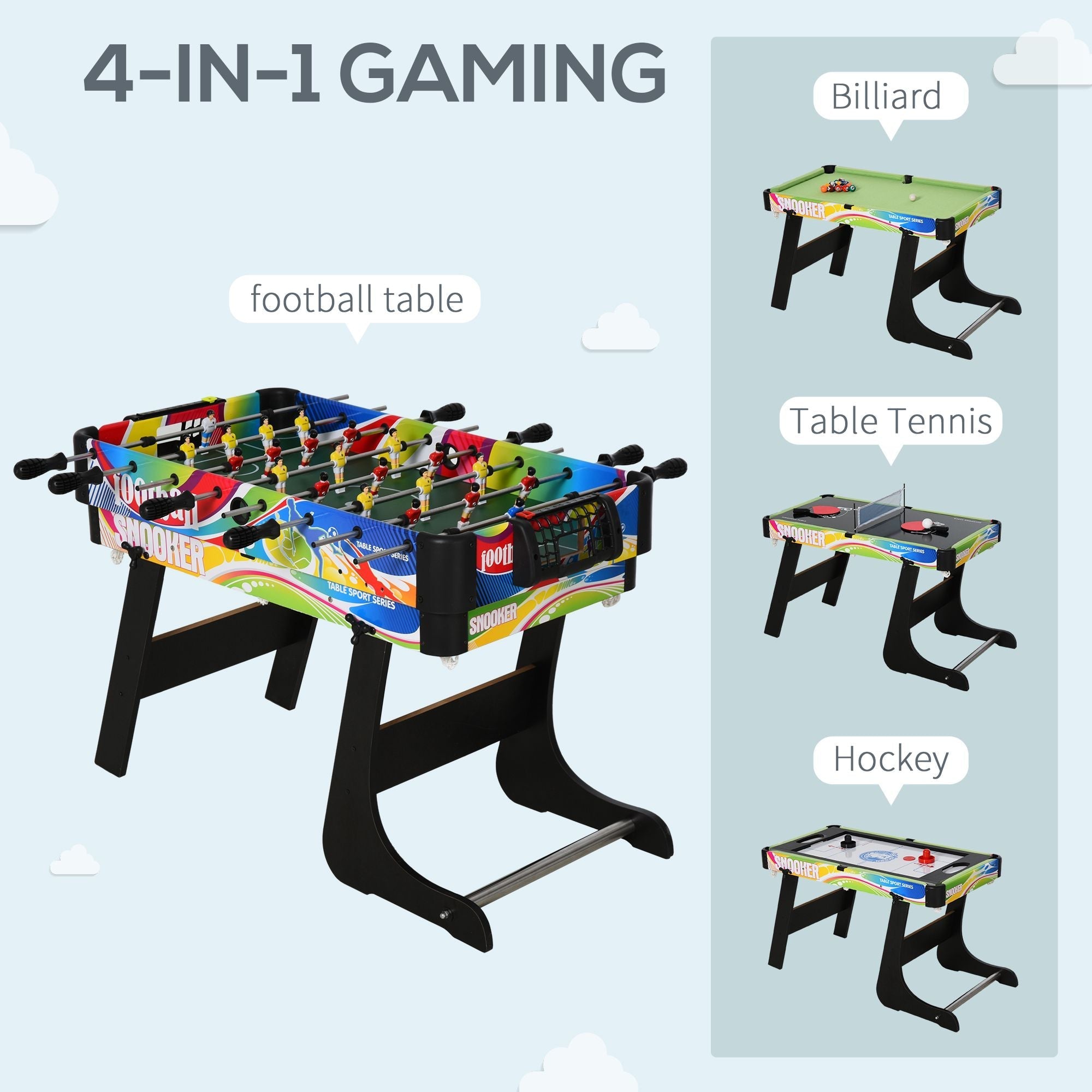 HOMCOM Folding Multi Gaming Table 4 in 1 Hockey, Football Table, Table Tennis, Billiards For Play Fun - SGP Garden Ltd