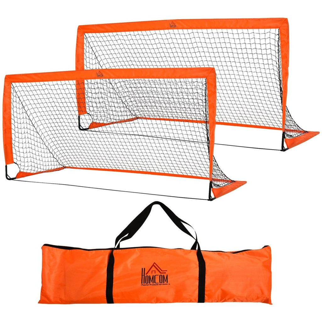 HOMCOM Set of 2 Football Goal Net 6 x 3 ft Foldable Outdoor Sport Training Teens Adults Football with Carrying Bag Orange - SGP Garden Ltd