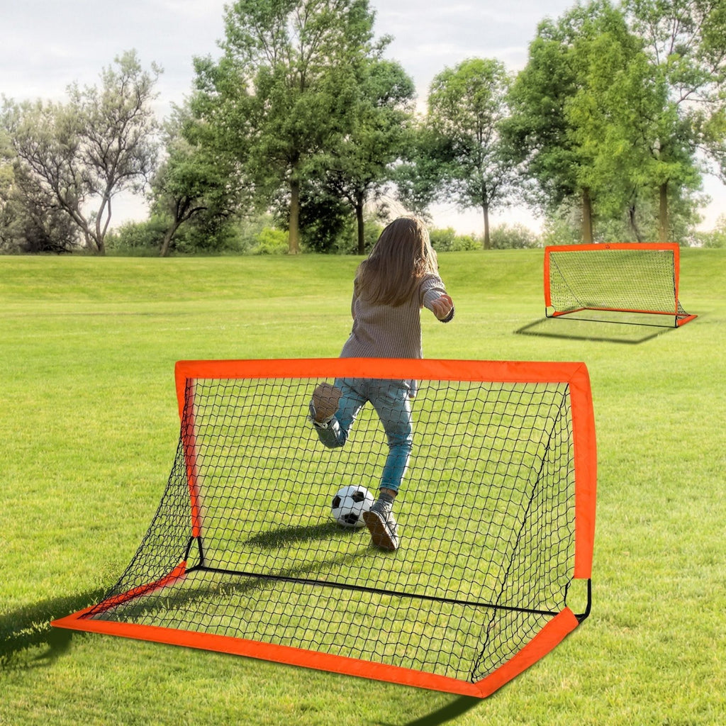 HOMCOM Set of 2 Football Goal Net 6 x 3 ft Foldable Outdoor Sport Training Teens Adults Football with Carrying Bag Orange - SGP Garden Ltd