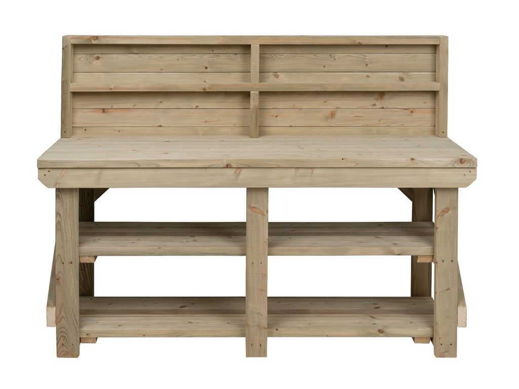 Indoor/outdoor workbench, pressure treated bench with back panel and double shelf - SGP Garden Ltd