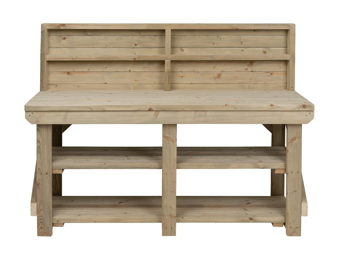 Indoor/outdoor workbench, pressure treated bench with back panel and double shelf - SGP Garden Ltd