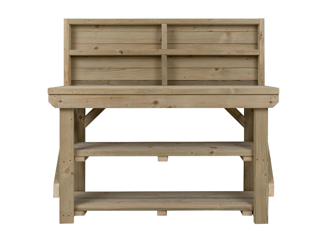 Indoor/outdoor workbench, pressure treated bench with back panel and double shelf - SGP Garden Ltd