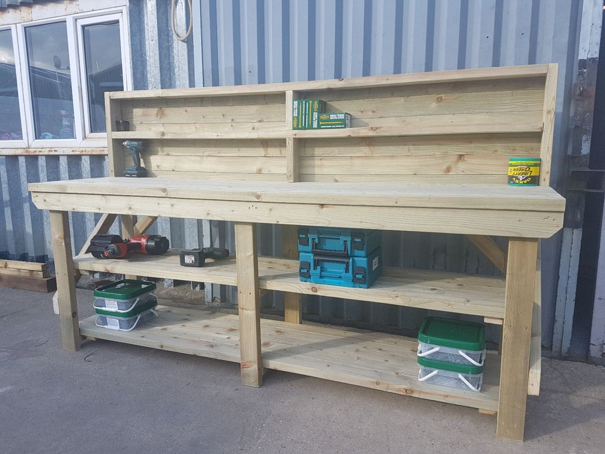 Indoor/outdoor workbench, pressure treated bench with back panel and double shelf - SGP Garden Ltd