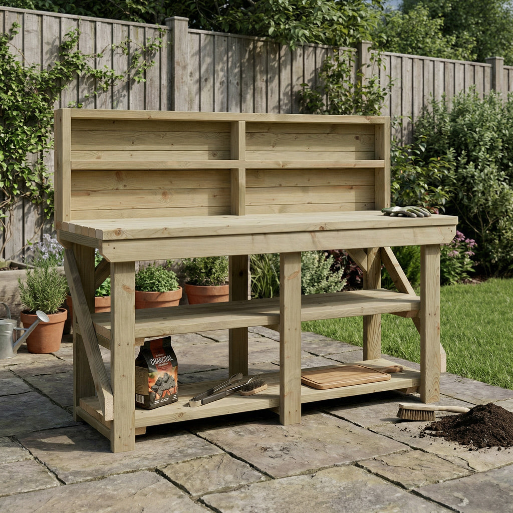 Indoor/outdoor workbench, pressure treated bench with back panel and double shelf - SGP Garden Ltd