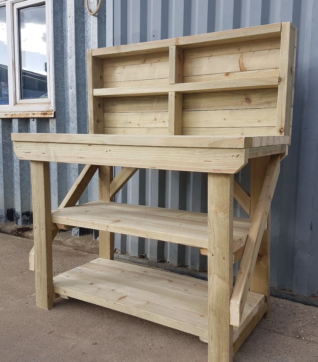 Indoor/outdoor workbench, pressure treated bench with back panel and double shelf - SGP Garden Ltd