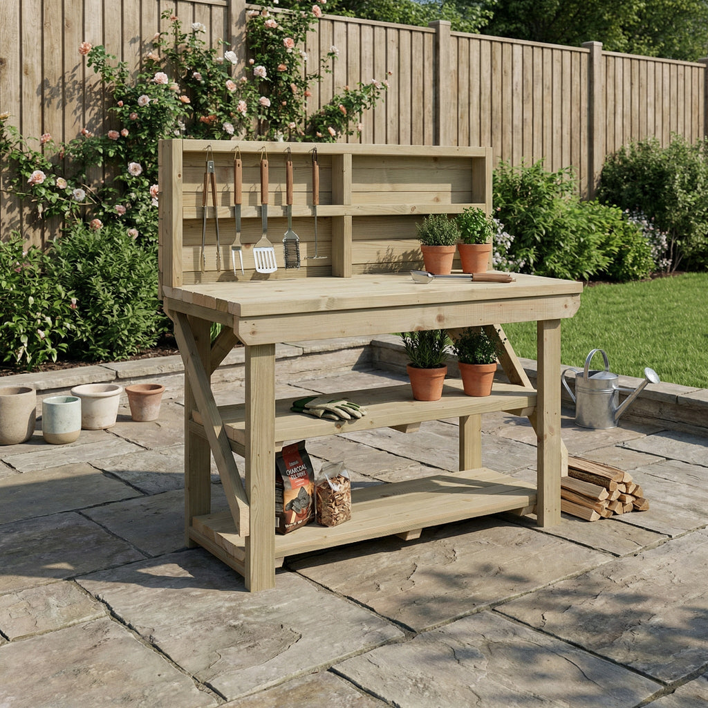 Indoor/outdoor workbench, pressure treated bench with back panel and double shelf - SGP Garden Ltd