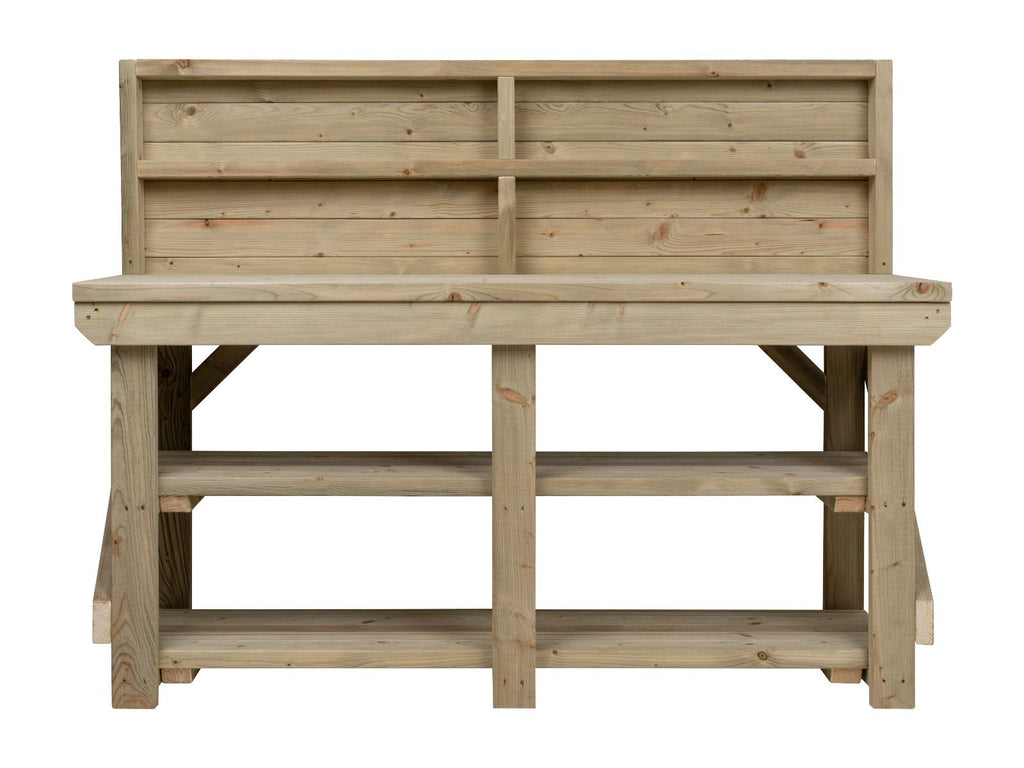 Indoor/outdoor workbench, pressure treated bench with back panel and double shelf - SGP Garden Ltd