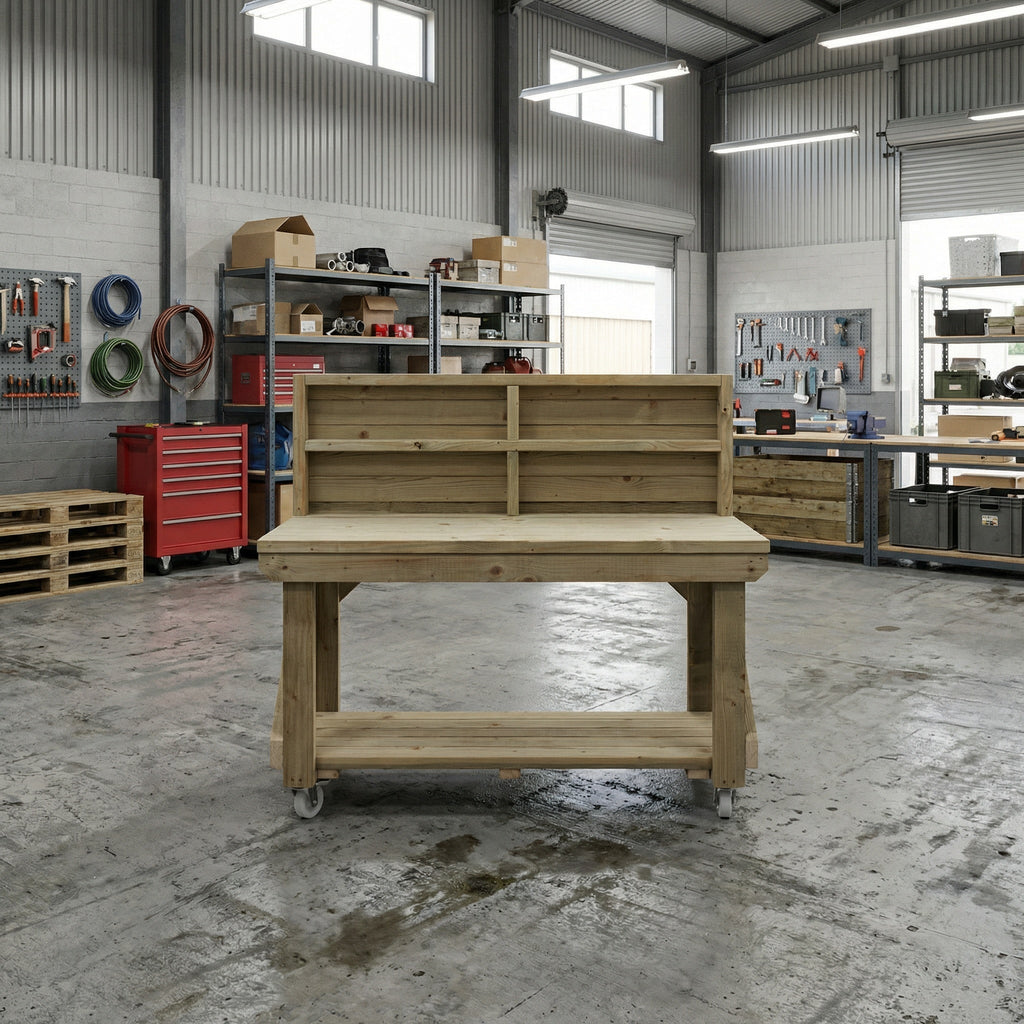 Indoor/outdoor workbench, pressure treated bench with back panel and wheels - SGP Garden Ltd