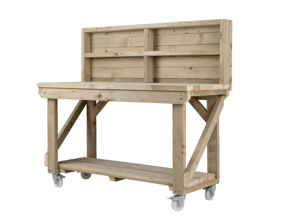 Indoor/outdoor workbench, pressure treated bench with back panel and wheels - SGP Garden Ltd
