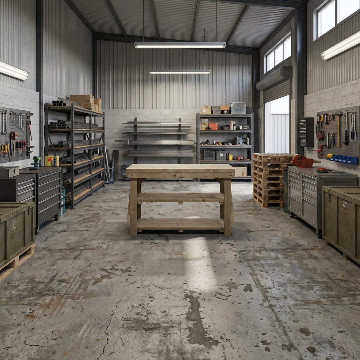 Indoor/outdoor workbench, pressure treated bench with double shelf - SGP Garden Ltd