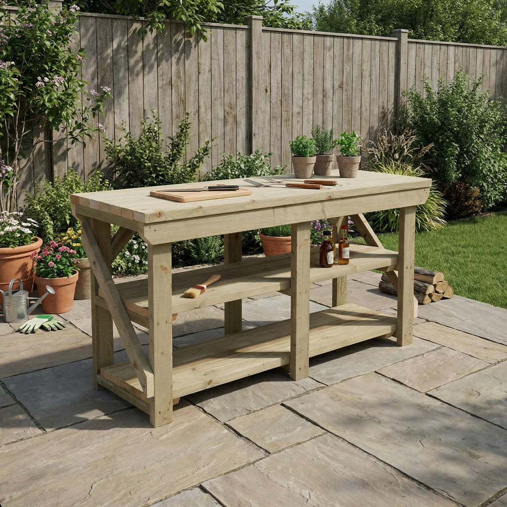 Indoor/outdoor workbench, pressure treated bench with double shelf - SGP Garden Ltd