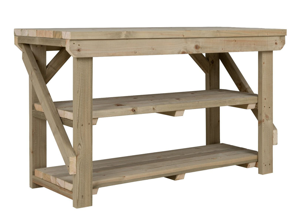 Indoor/outdoor workbench, pressure treated bench with double shelf - SGP Garden Ltd