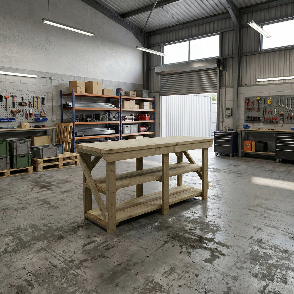 Indoor/outdoor workbench, pressure treated bench with double shelf - SGP Garden Ltd