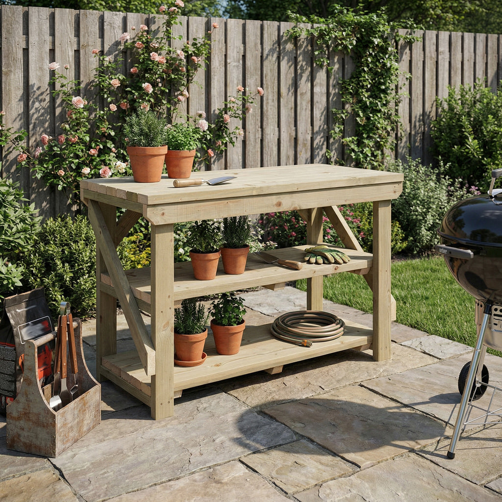 Indoor/outdoor workbench, pressure treated bench with double shelf - SGP Garden Ltd