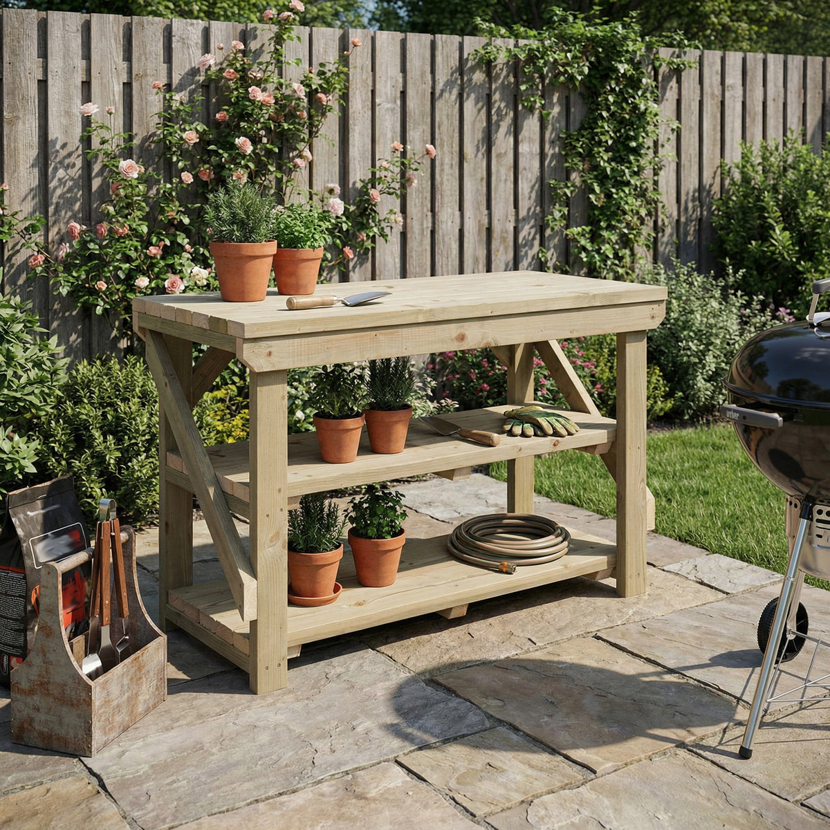 Indoor/outdoor workbench, pressure treated bench with double shelf - SGP Garden Ltd