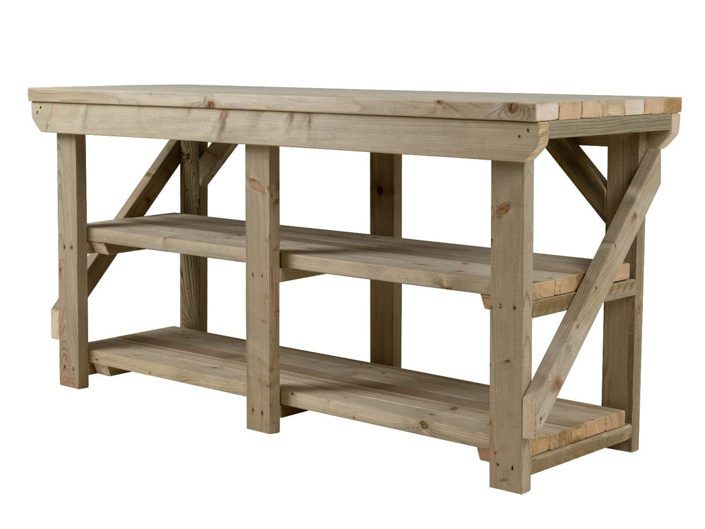Indoor/outdoor workbench, pressure treated bench with double shelf - SGP Garden Ltd