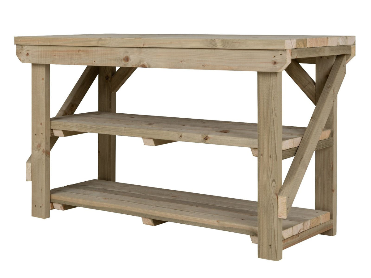 Indoor/outdoor workbench, pressure treated bench with double shelf - SGP Garden Ltd